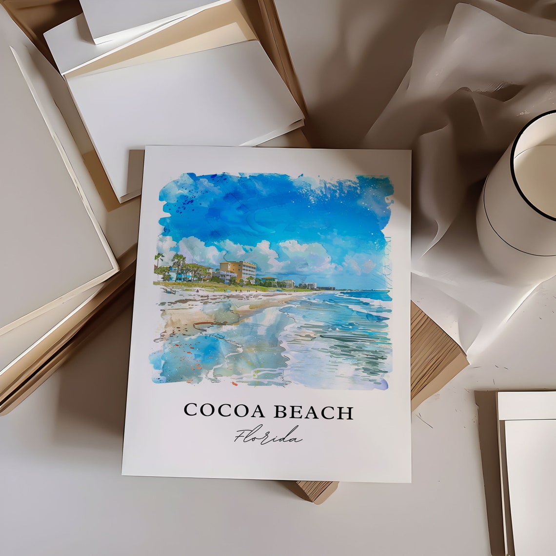 Cocoa Beach Florida Ocean Shoreline Surf Watercolor Scenic Poster - Image 5