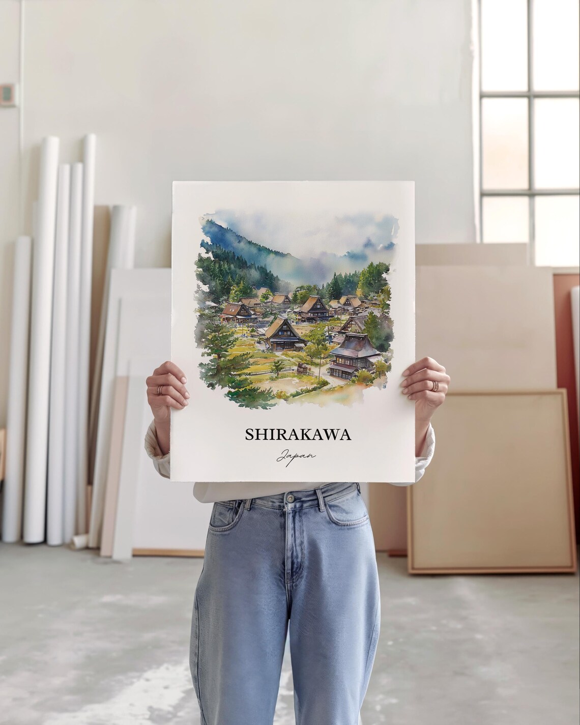 Shirakawa Japan Watercolor Thatched Roof Village Mountain Poster - Image 5