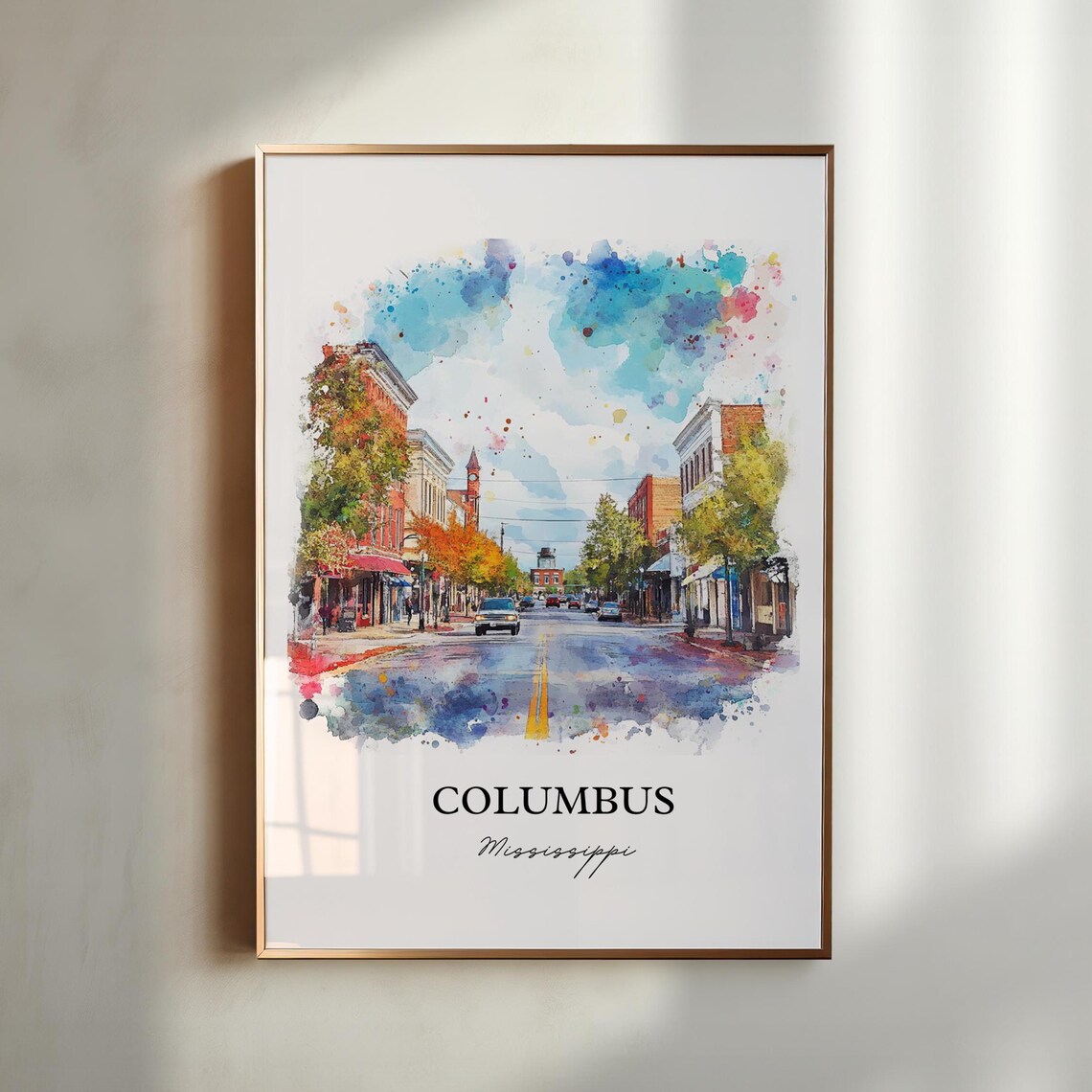 Columbus Mississippi Colorful Downtown Street Watercolor Poster