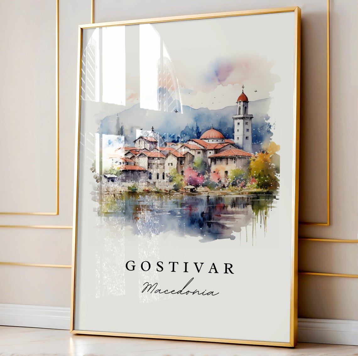 Gostivar Macedonia Riverside Old Town Watercolor Travel Poster - Image 3