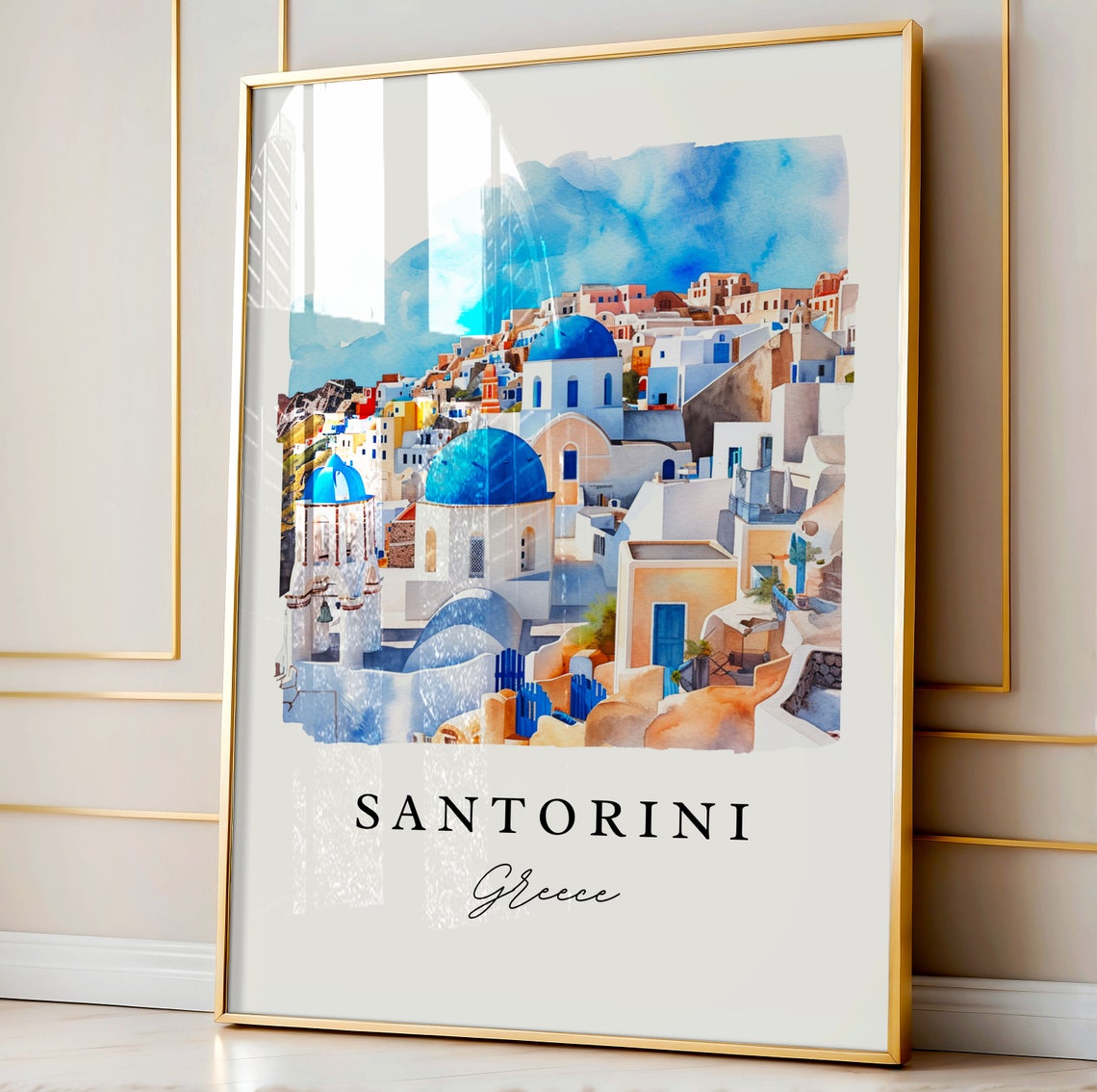 Santorini Greece Blue Domed Churches Watercolor Island Poster - Image 4