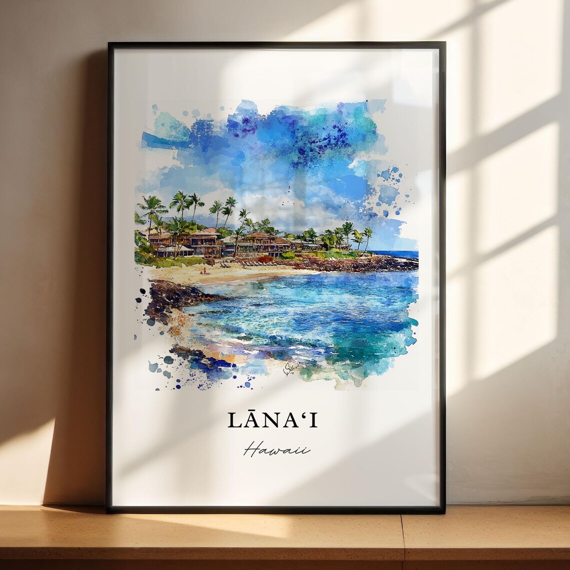 Lanai Hawaii Tropical Beach Palm Trees Watercolor Travel Poster