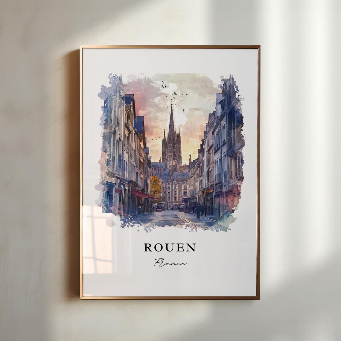 Rouen France Watercolor Cathedral Street Scene Travel Poster