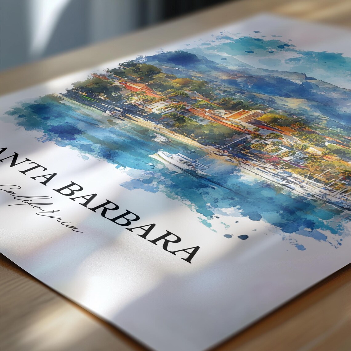 Santa Barbara California Watercolor Harbor Mountain Scene Poster - Image 6
