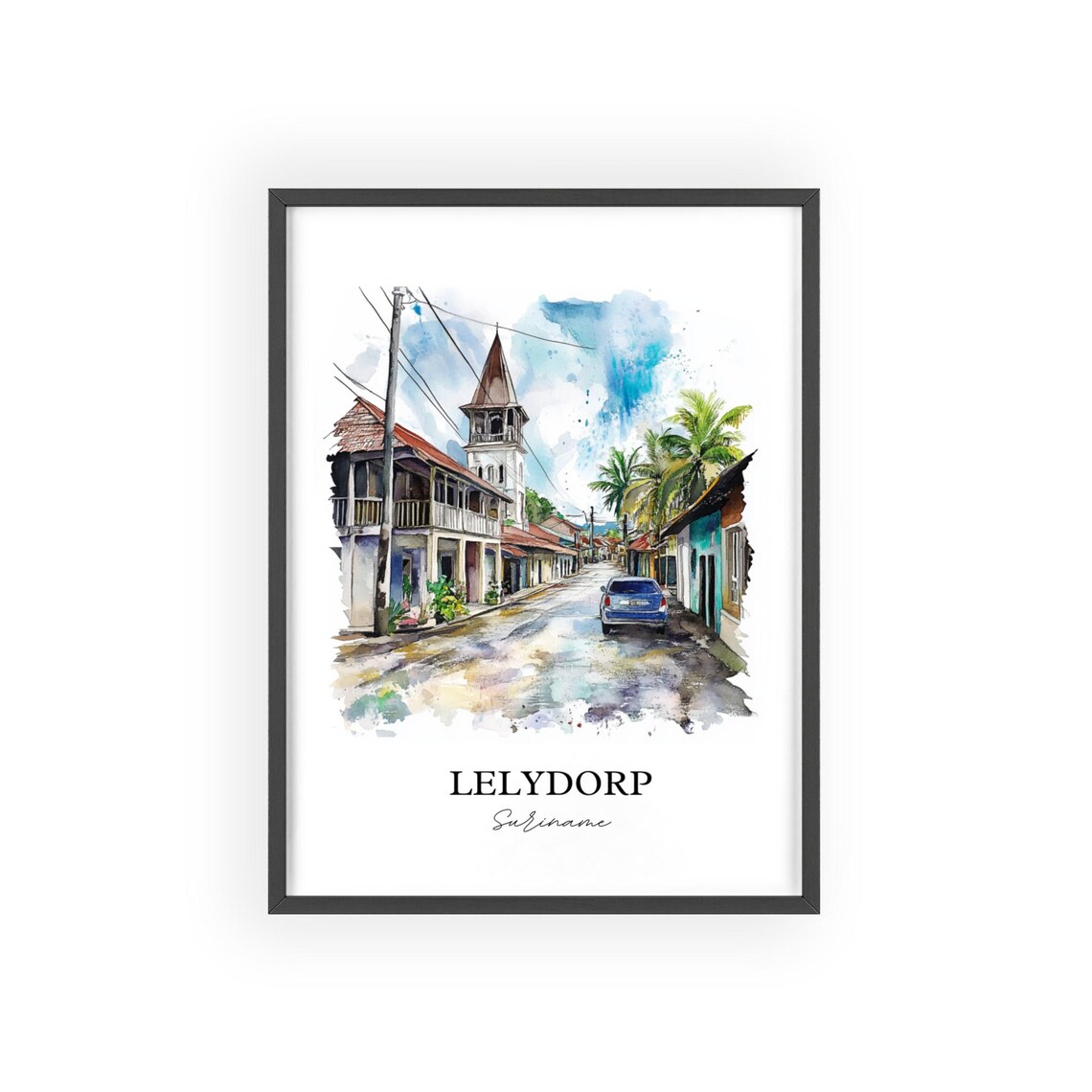 Lelydorp Suriname Church Street Watercolor Travel Art Poster - Image 2