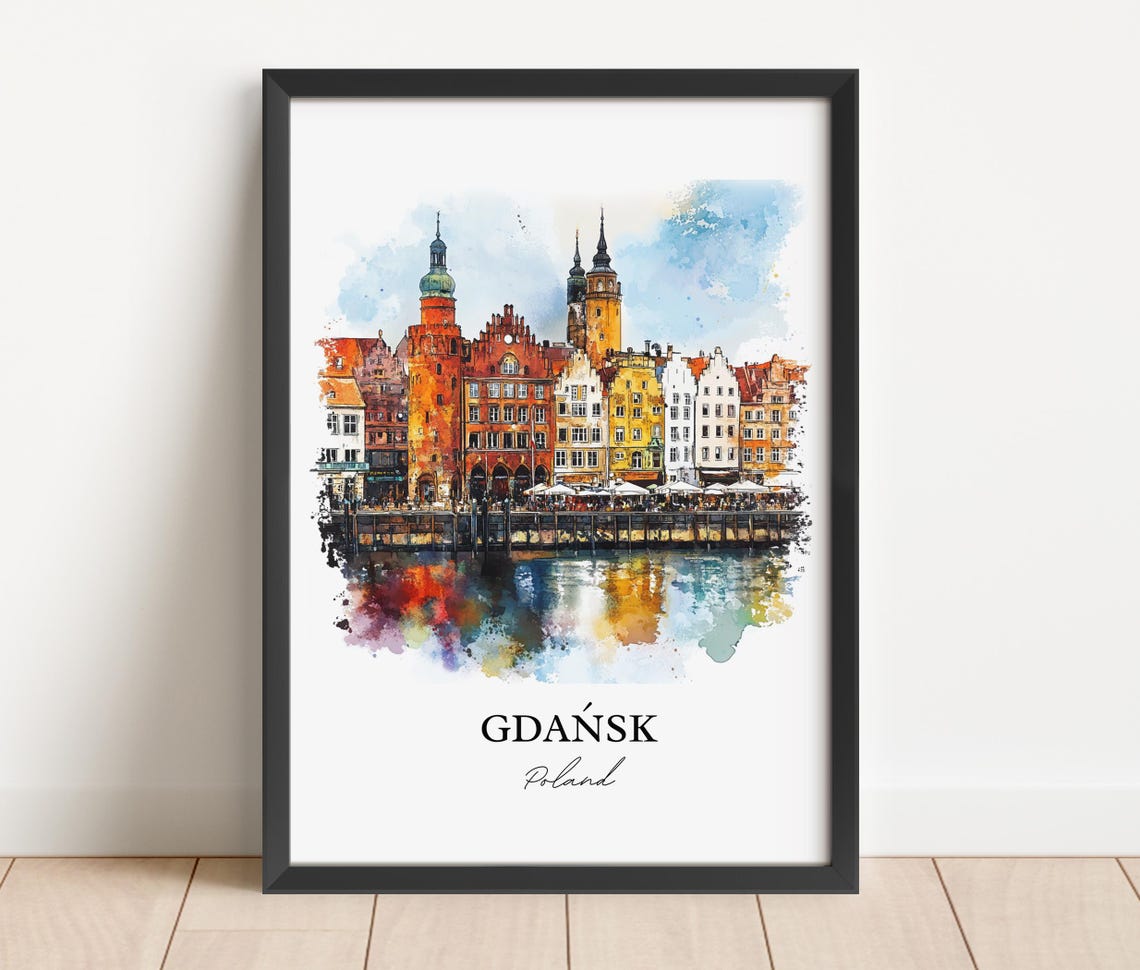 Gdansk Poland Watercolor Colorful Waterfront Houses Travel Poster - Image 3