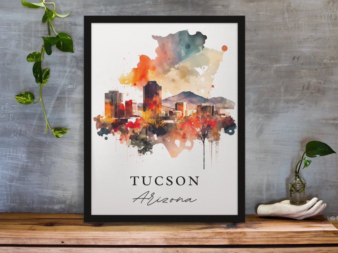 Tucson Arizona Desert Skyline Watercolor Print Home Decor Gift Art