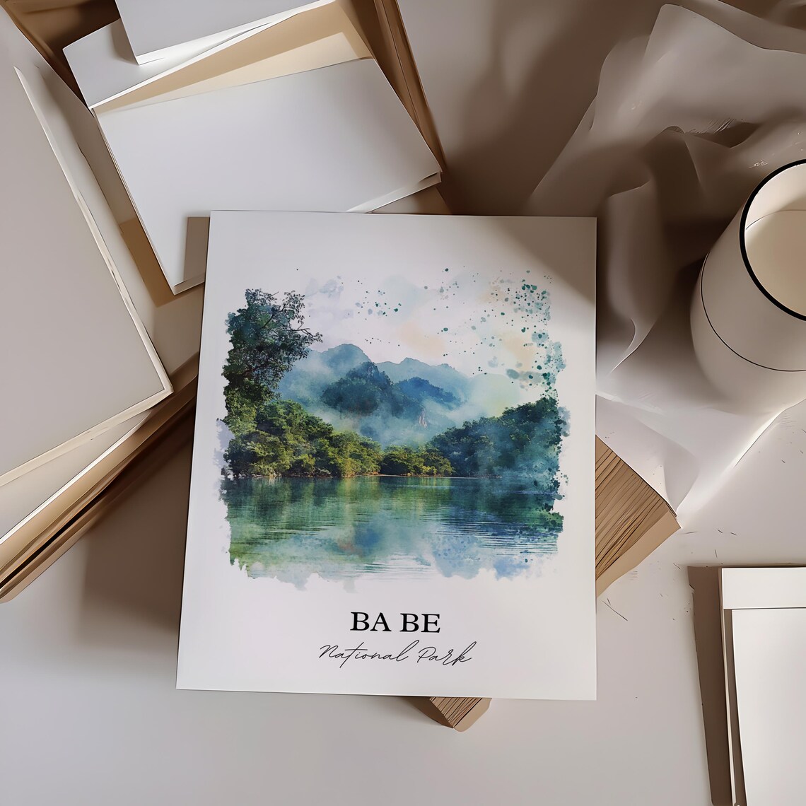 Ba Be National Park Vietnam Watercolor Art Misty Lake Forest Poster - Image 2