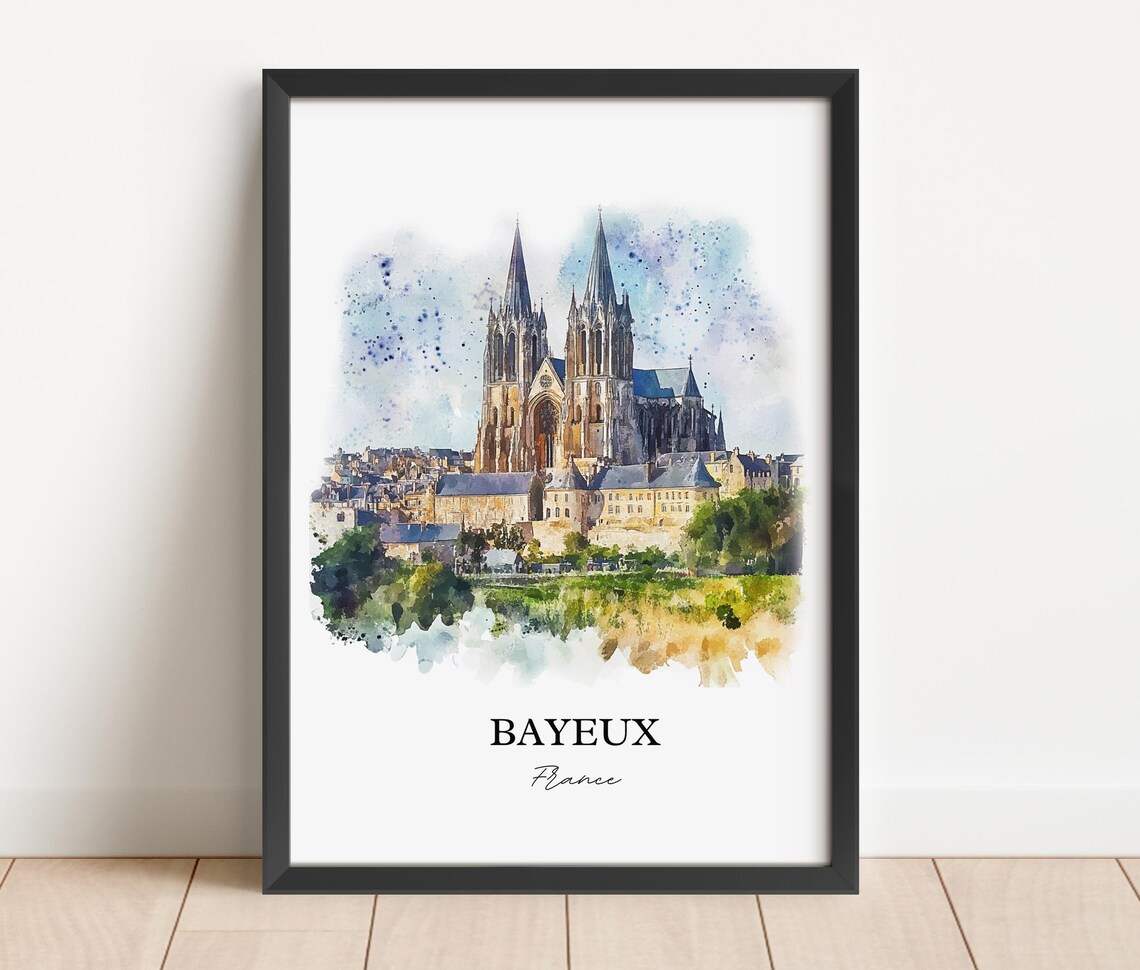 Bayeux France Cathedral Twin Spires Watercolor Cityscape Poster - Image 2