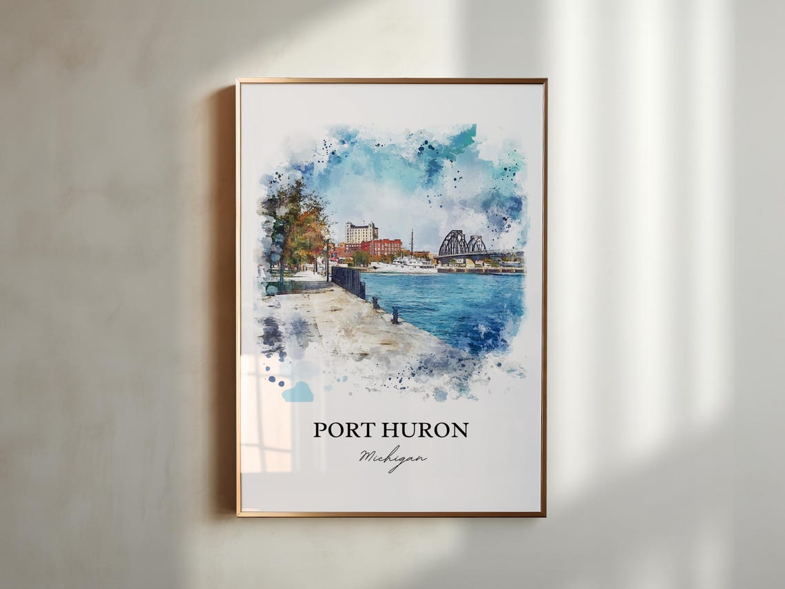 Port Huron Michigan Waterfront Boardwalk Bridge Watercolor Poster - Image 3