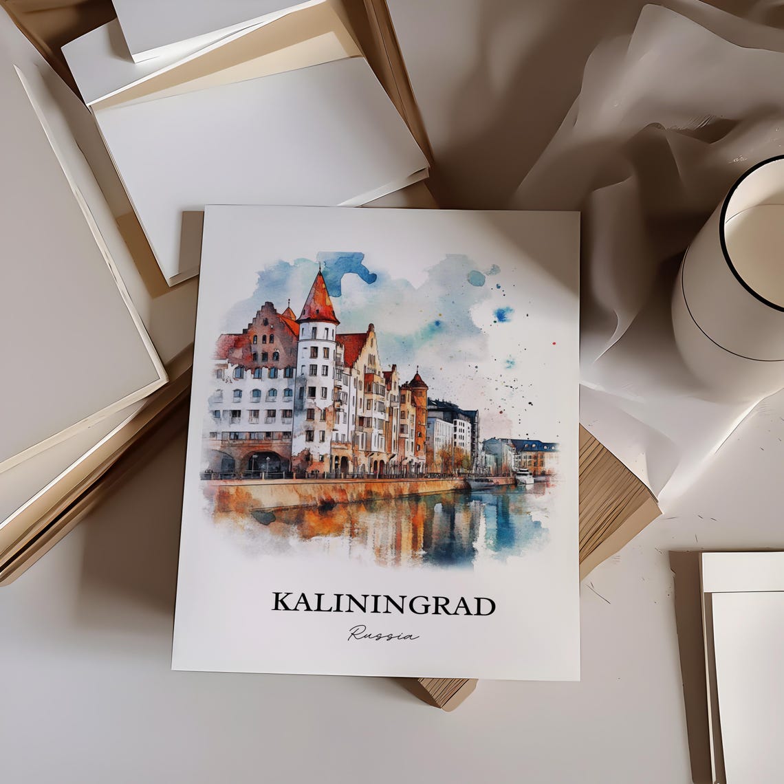Kaliningrad Russia Watercolor Riverside Old Town Scene Poster - Image 3