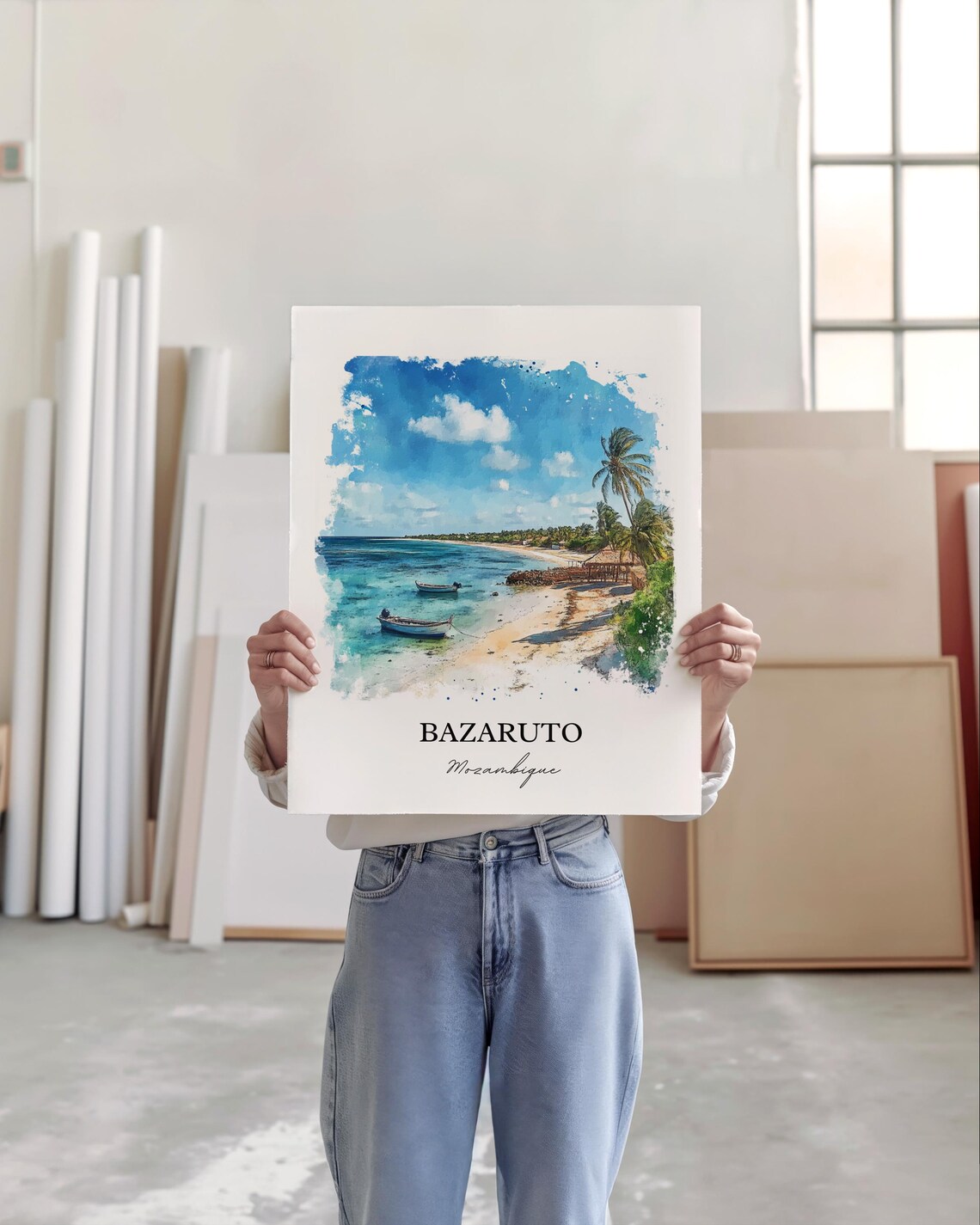 Bazaruto Mozambique Watercolor Beach Boats Island Travel Poster - Image 3
