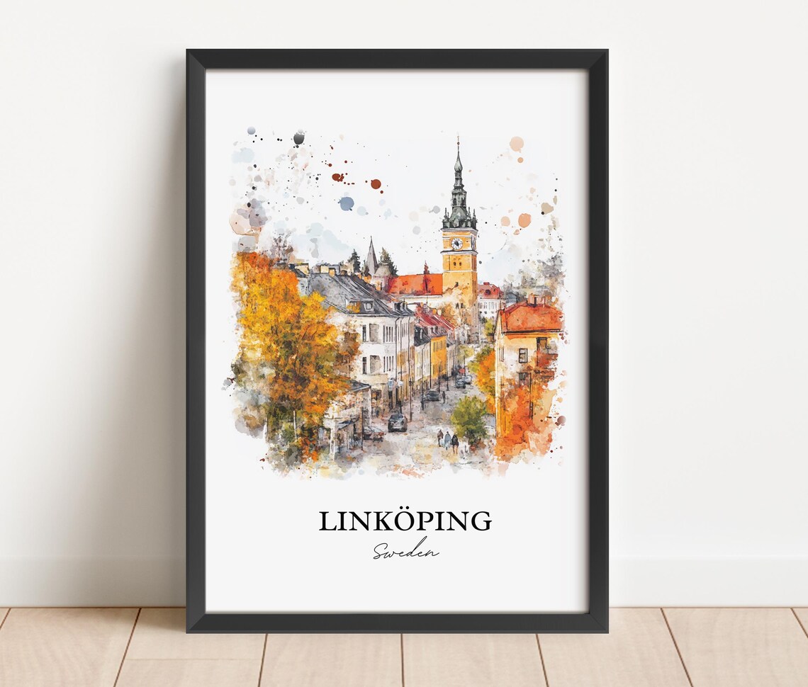 Linkoping Sweden Autumn Old Town Street Watercolor Travel Poster - Image 2