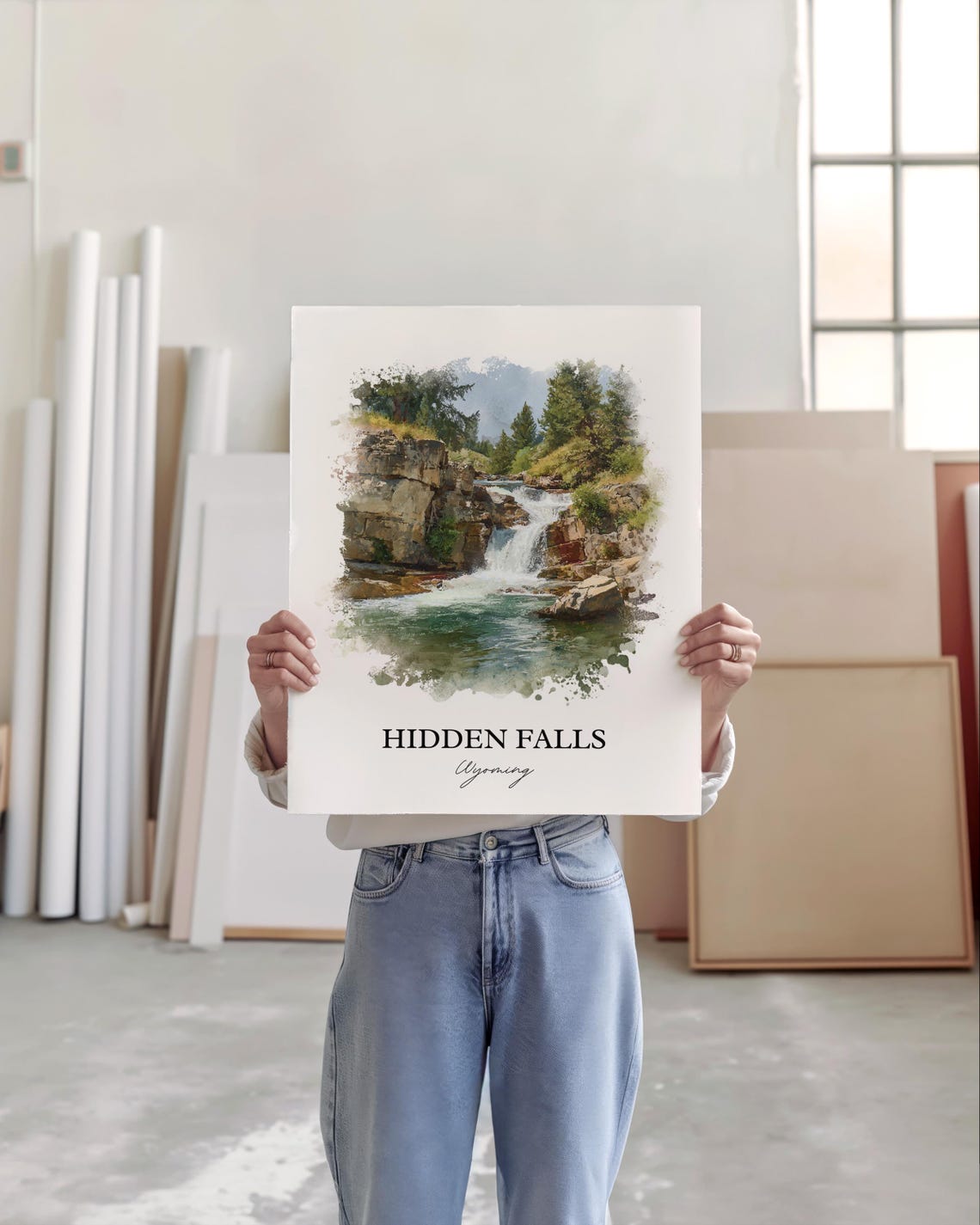 Hidden Falls Wyoming Emerald Pool Pine Forest Watercolor Poster - Image 3