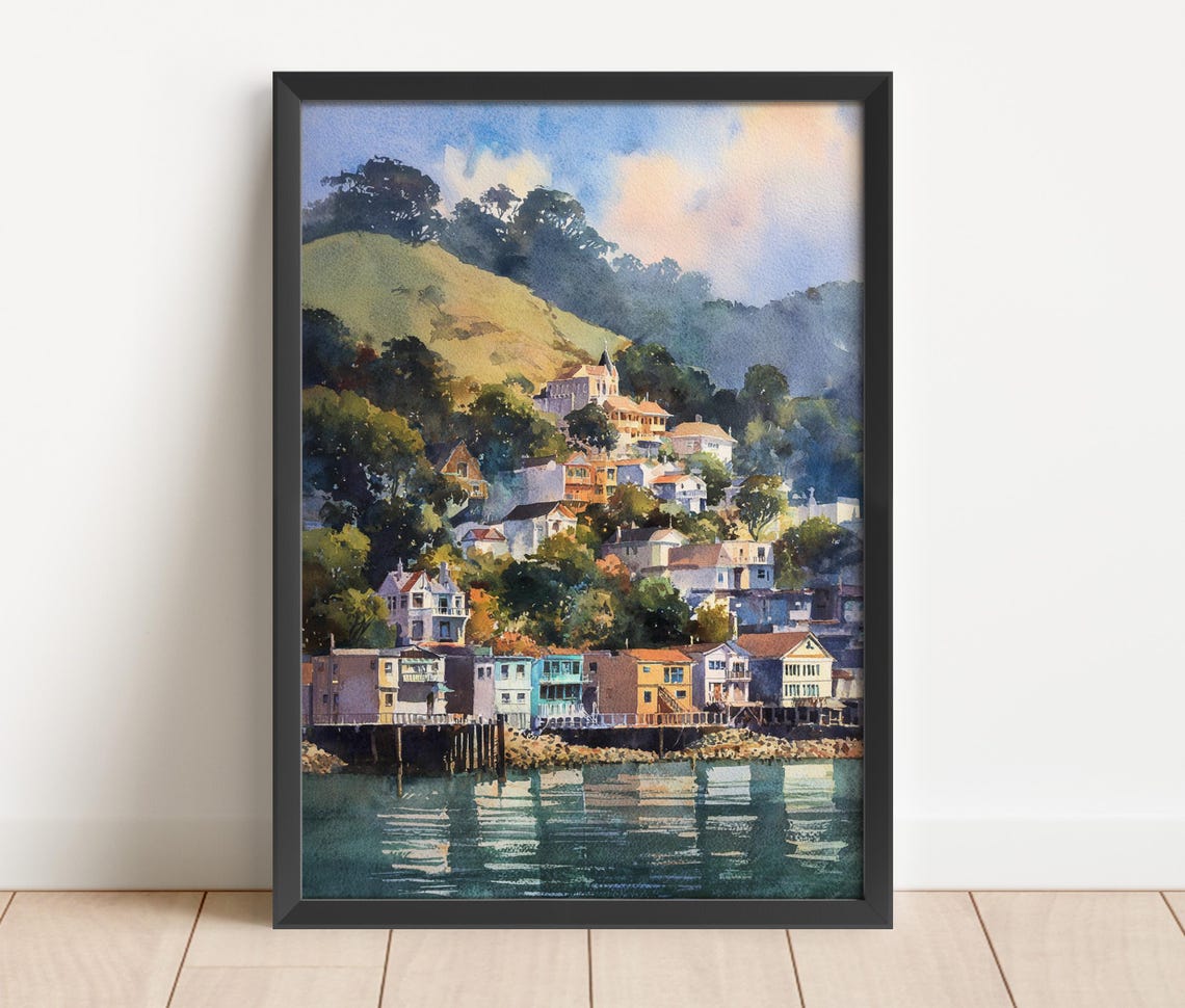 Sausalito Waterfront Watercolor Hillside Houses Harbor View Poster