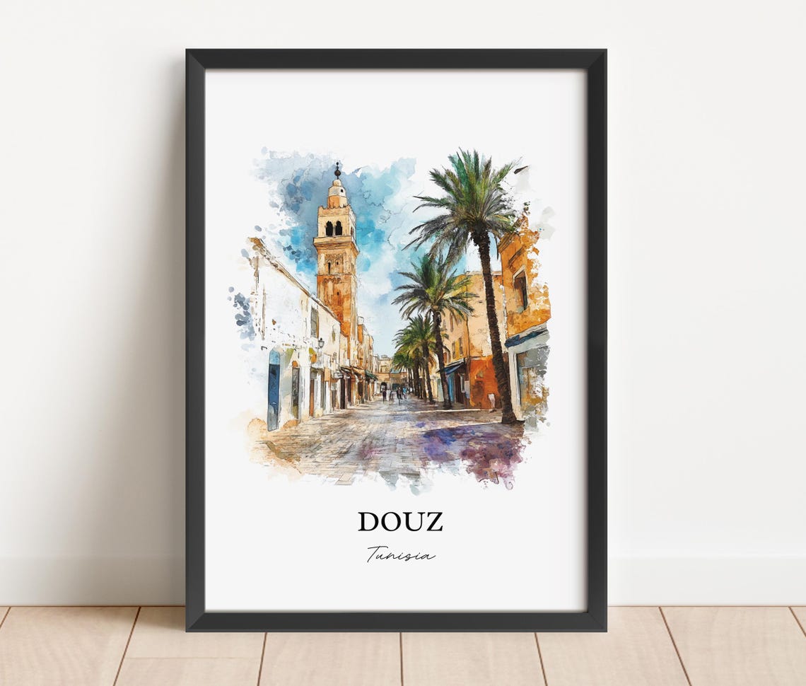 Douz Tunisia Palm Lined Desert Street Watercolor Travel Poster - Image 2