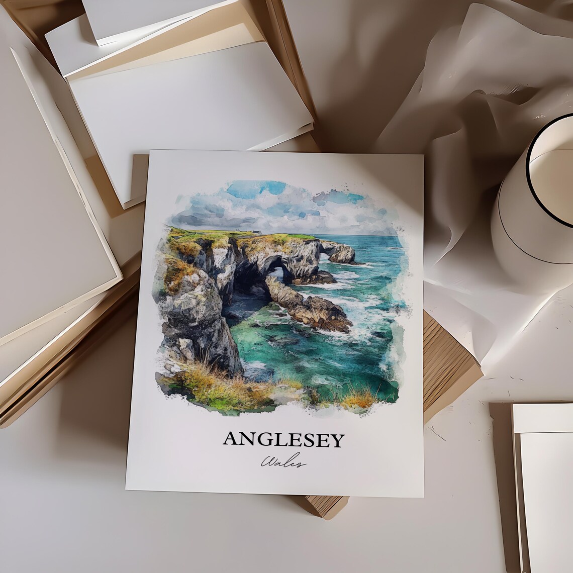 Anglesey Wales Rocky Sea Cliffs Watercolor Coastal Landscape Poster - Image 4
