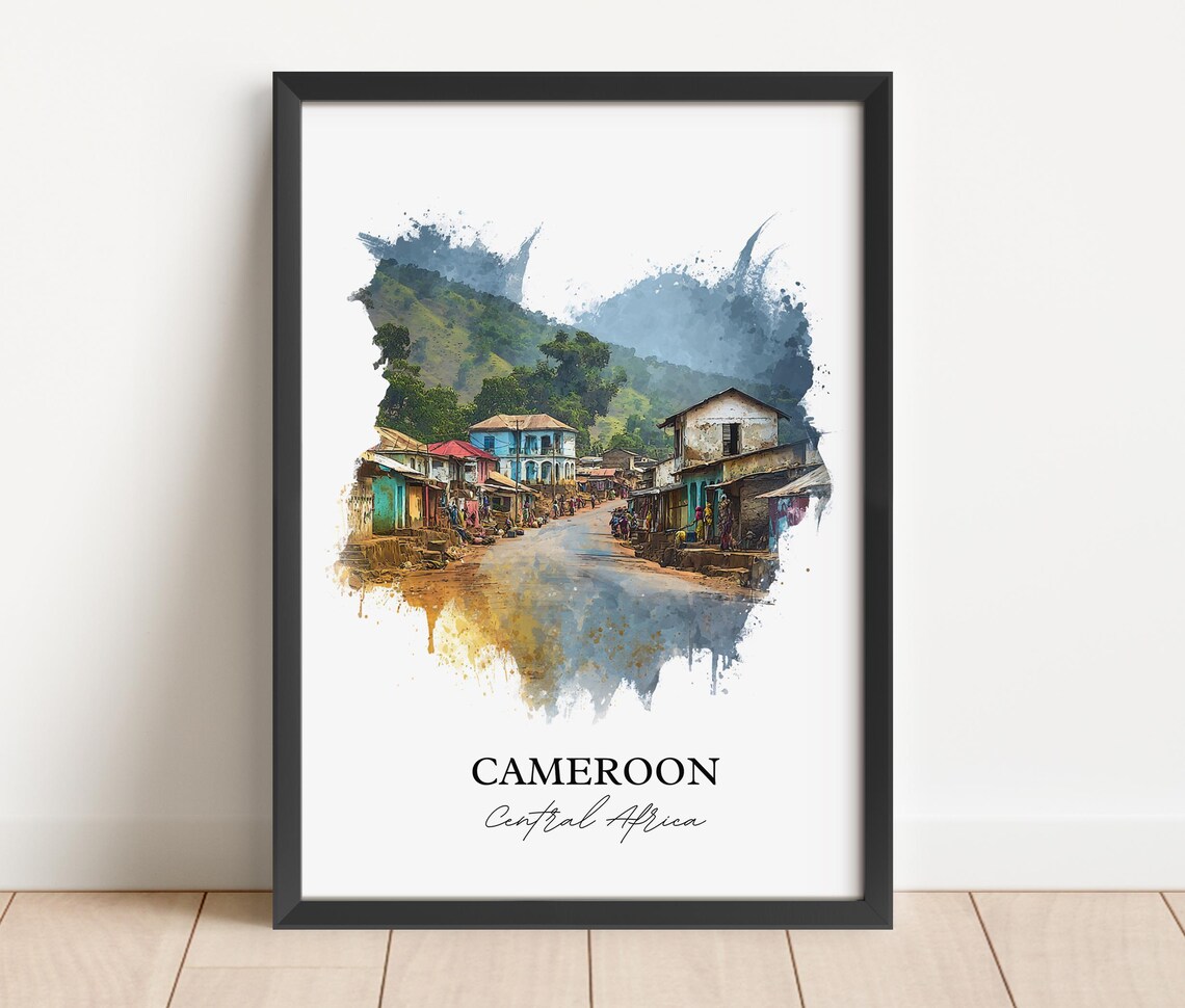 Cameroon Central Africa Hill Town Street Watercolor Travel Poster - Image 2