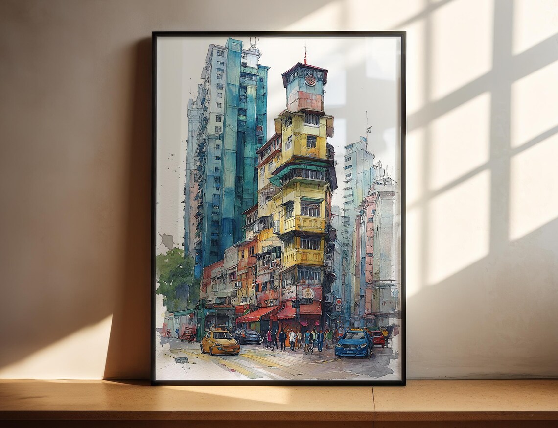 Bustling Asian City Street Taxis Watercolor Cityscape Poster