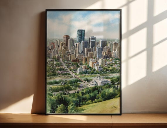 Edmonton Watercolor Art Travel Print Canada Artwork Decor Skyline Wall