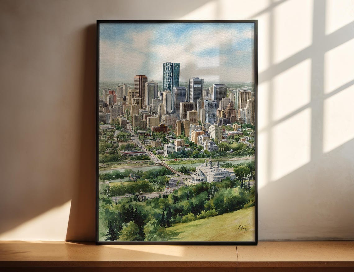 Edmonton Watercolor Art Travel Print Canada Artwork Decor Skyline Wall