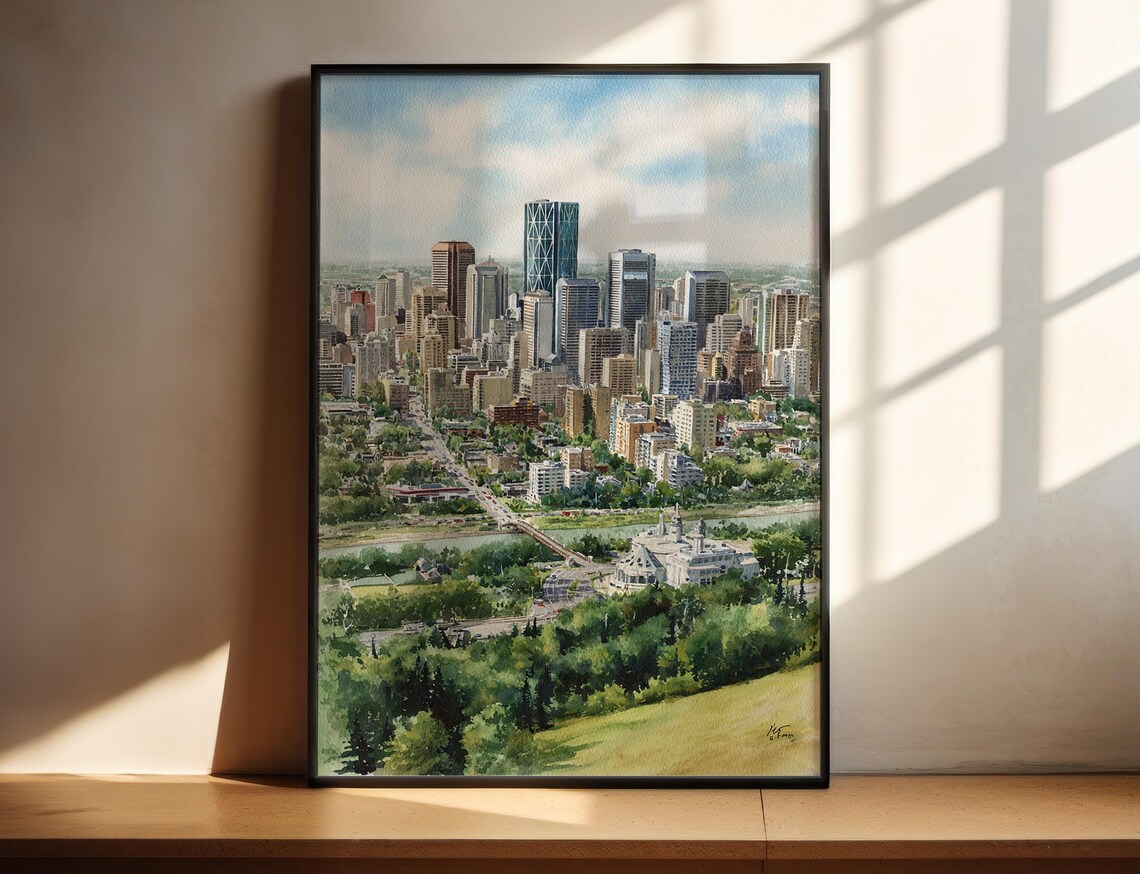 Watercolor Modern City Skyline Panorama Downtown River Park Art Poster