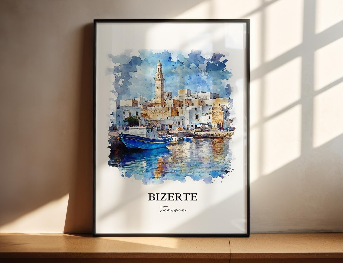Bizerte Tunisia Old Harbor Fishing Boats Watercolor Travel Poster