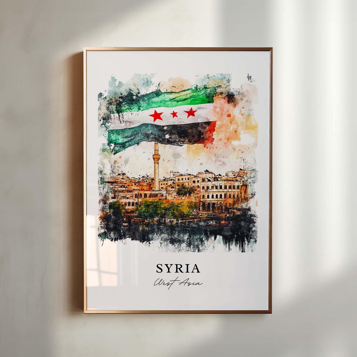 Syria Watercolor New Flag Old Town Minaret Damascus West Asia Poster