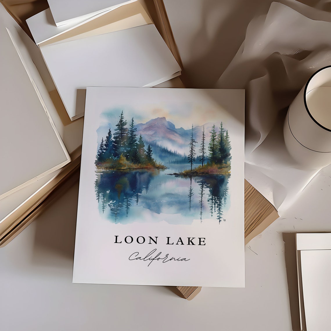 Loon Lake California Pine Forest Mountain Reflection Watercolor Poster - Image 6