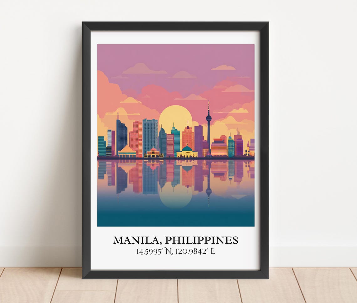 Manila Philippines Sunset Skyline Water Reflection Travel Poster - Image 2