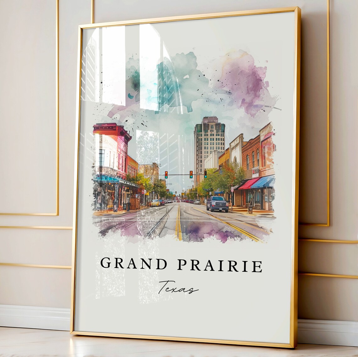 Grand Prairie Texas Downtown Main Street Buildings Watercolor Poster - Image 4