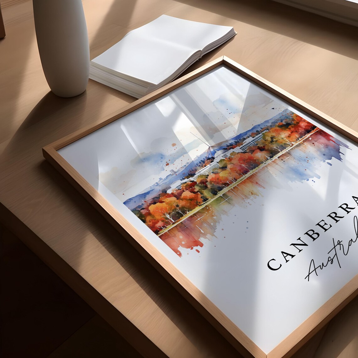 Canberra Australia Parliament House Lake Autumn Watercolor Art Poster - Image 5