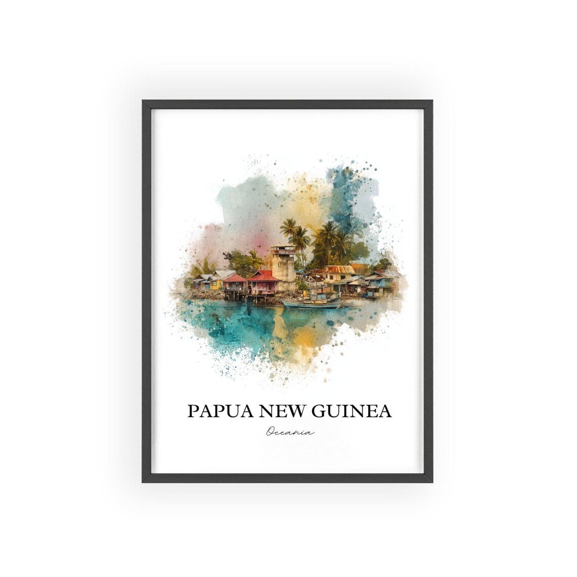 Papua New Guinea Oceania Coastal Village Watercolor Art Poster - Image 2