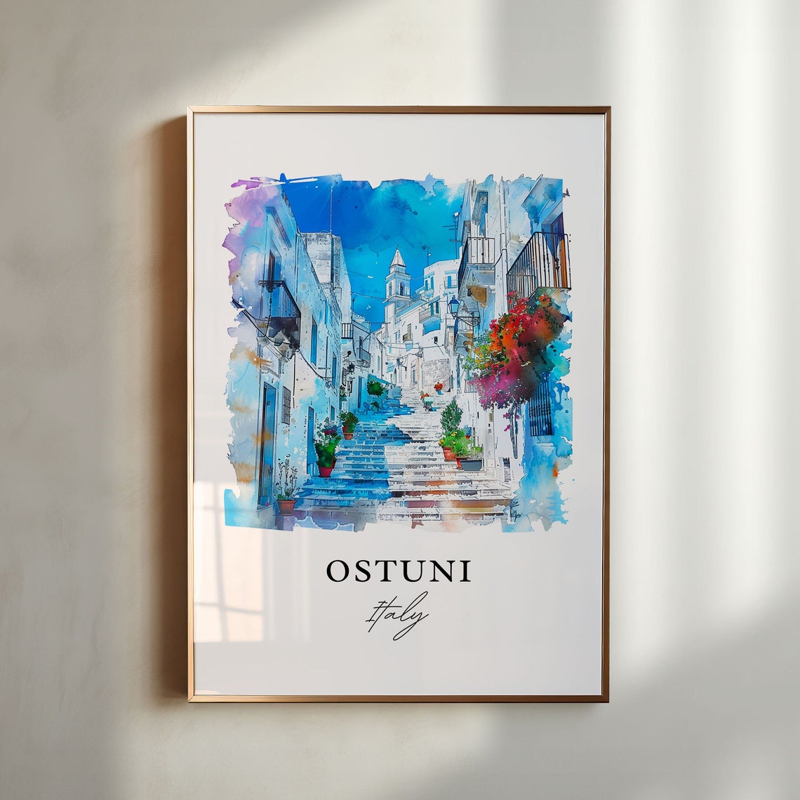 Ostuni Italy Whitewashed Hill Town Steps Watercolor Travel Poster