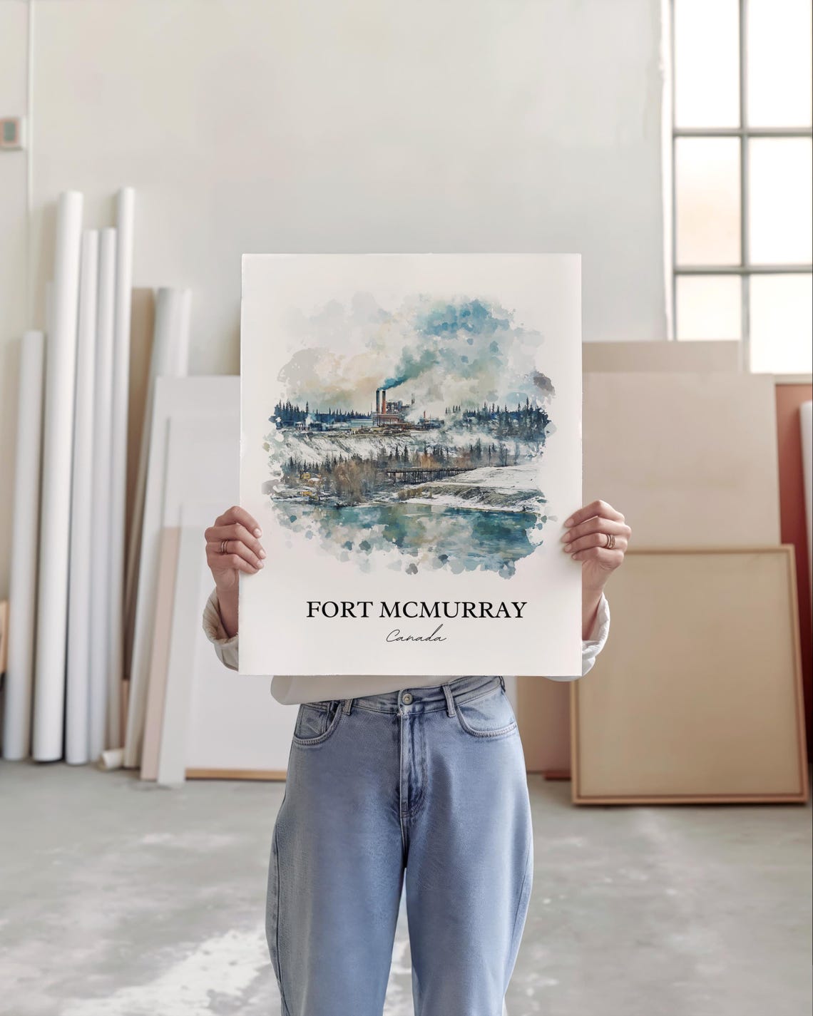 Fort McMurray Alberta Winter Industrial Skyline Watercolor Poster - Image 3