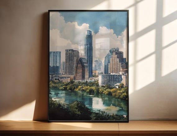 Austin Texas Watercolor Art Tx Travel Print Artwork Decor Skyline Wall