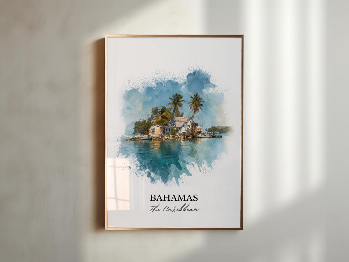 Bahamas Caribbean Small Island Houses Palms Watercolor Art Poster - Image 5