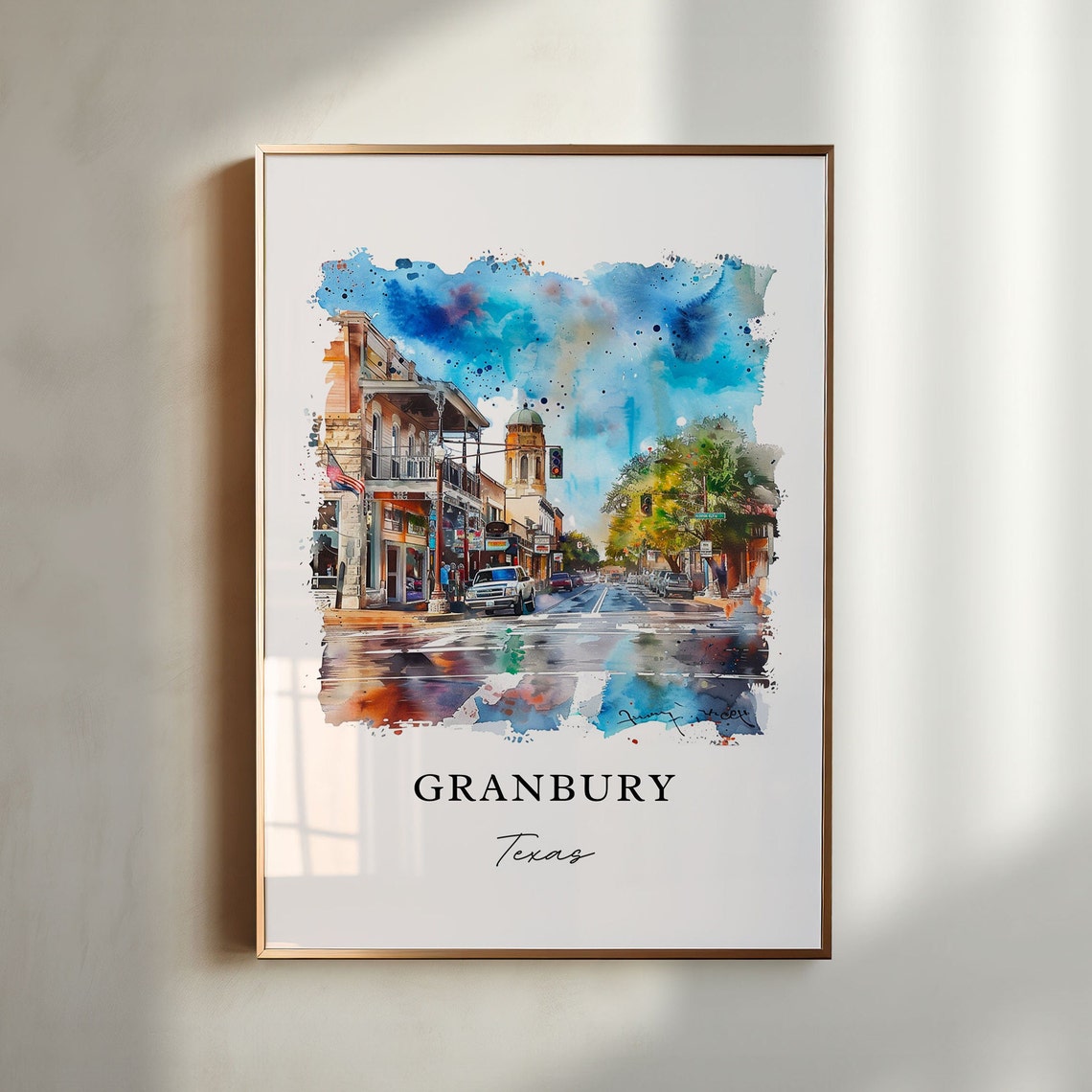 Granbury Texas Historic Downtown Main Street Watercolor Travel Poster