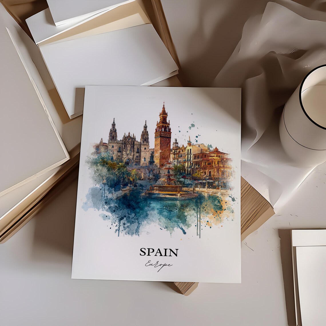Spain Europe Seville Cathedral Giralda Watercolor Travel Poster - Image 3