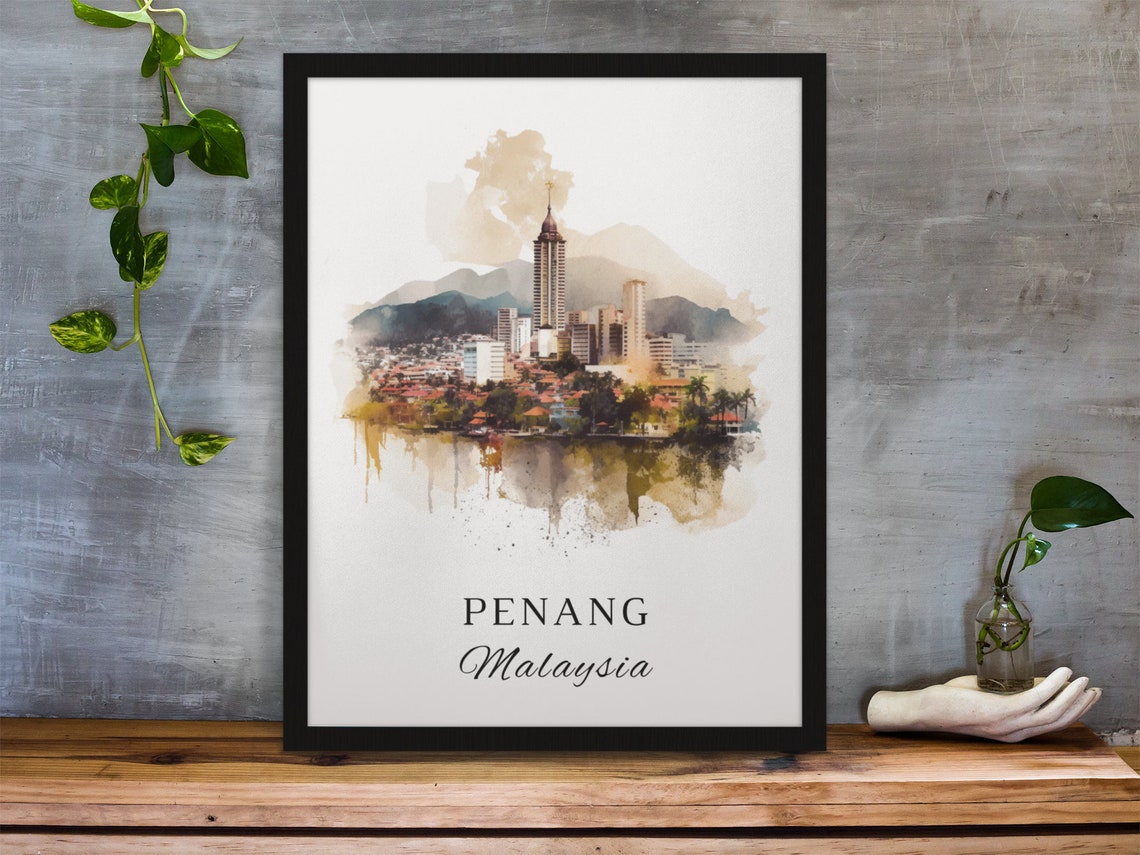 Penang Malaysia Watercolor Skyline Harbor Mountain View Poster - Image 2