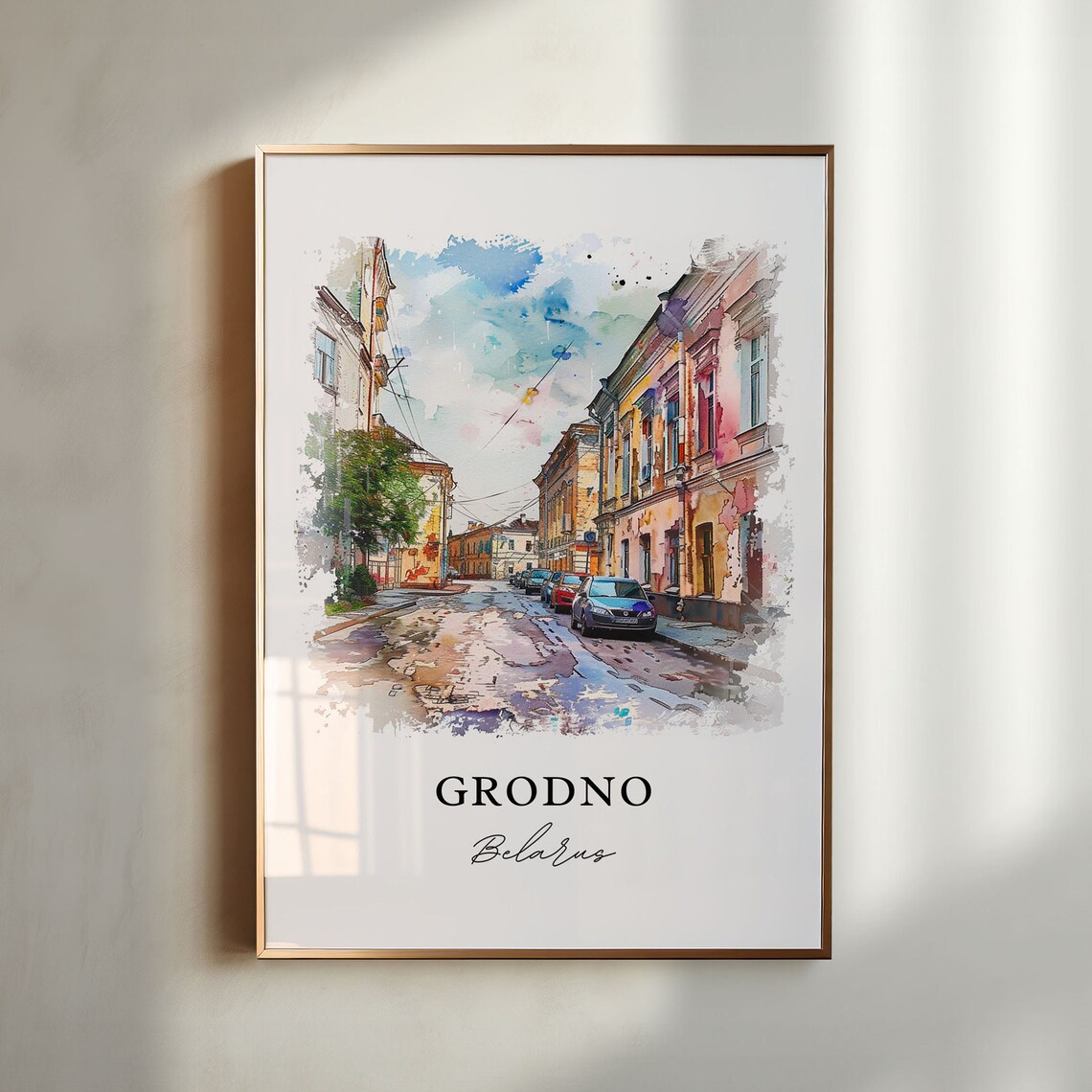 Grodno Belarus Pastel Old Street Watercolor City Travel Poster