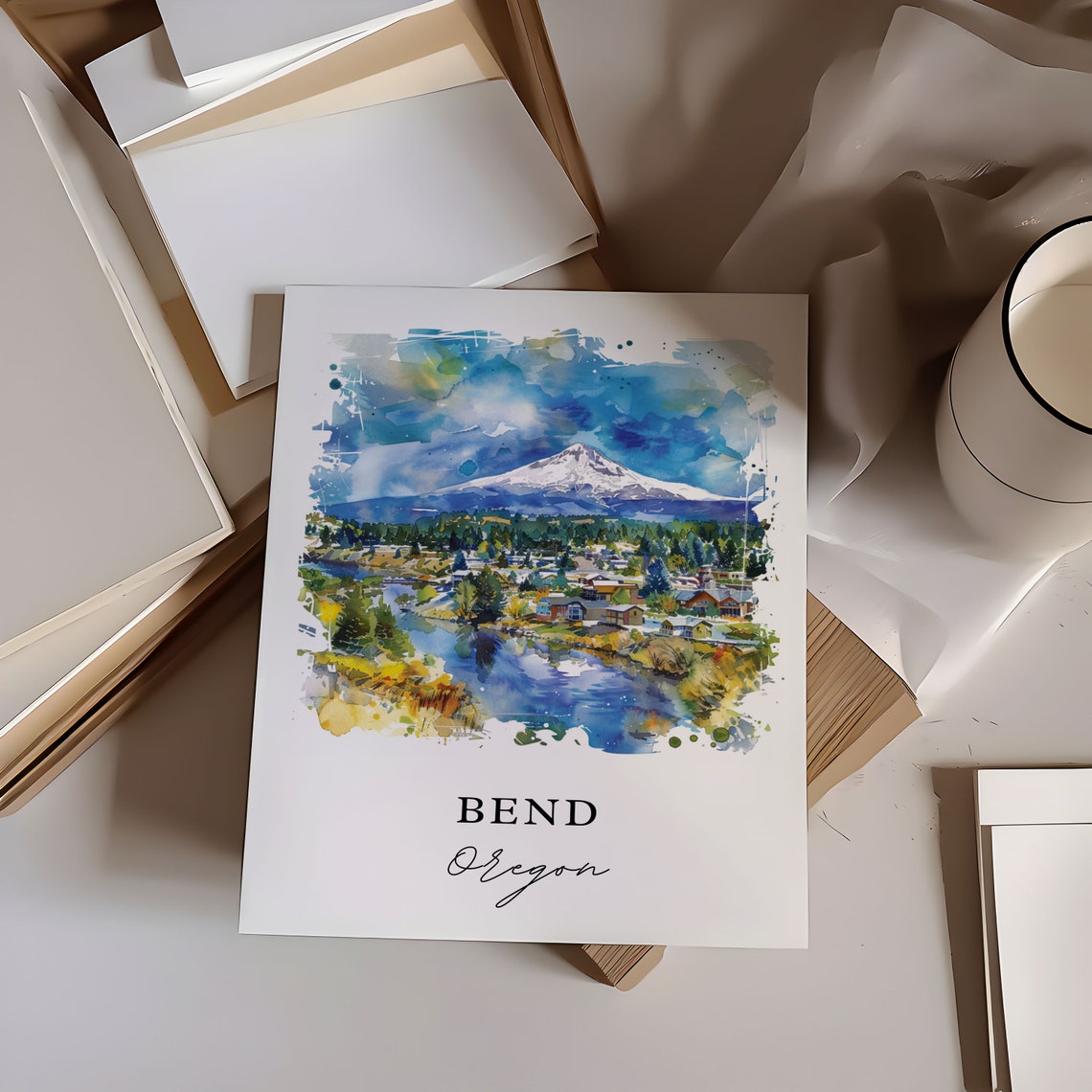 Bend Oregon Cascade Mountain River Town Watercolor Travel Poster - Image 6