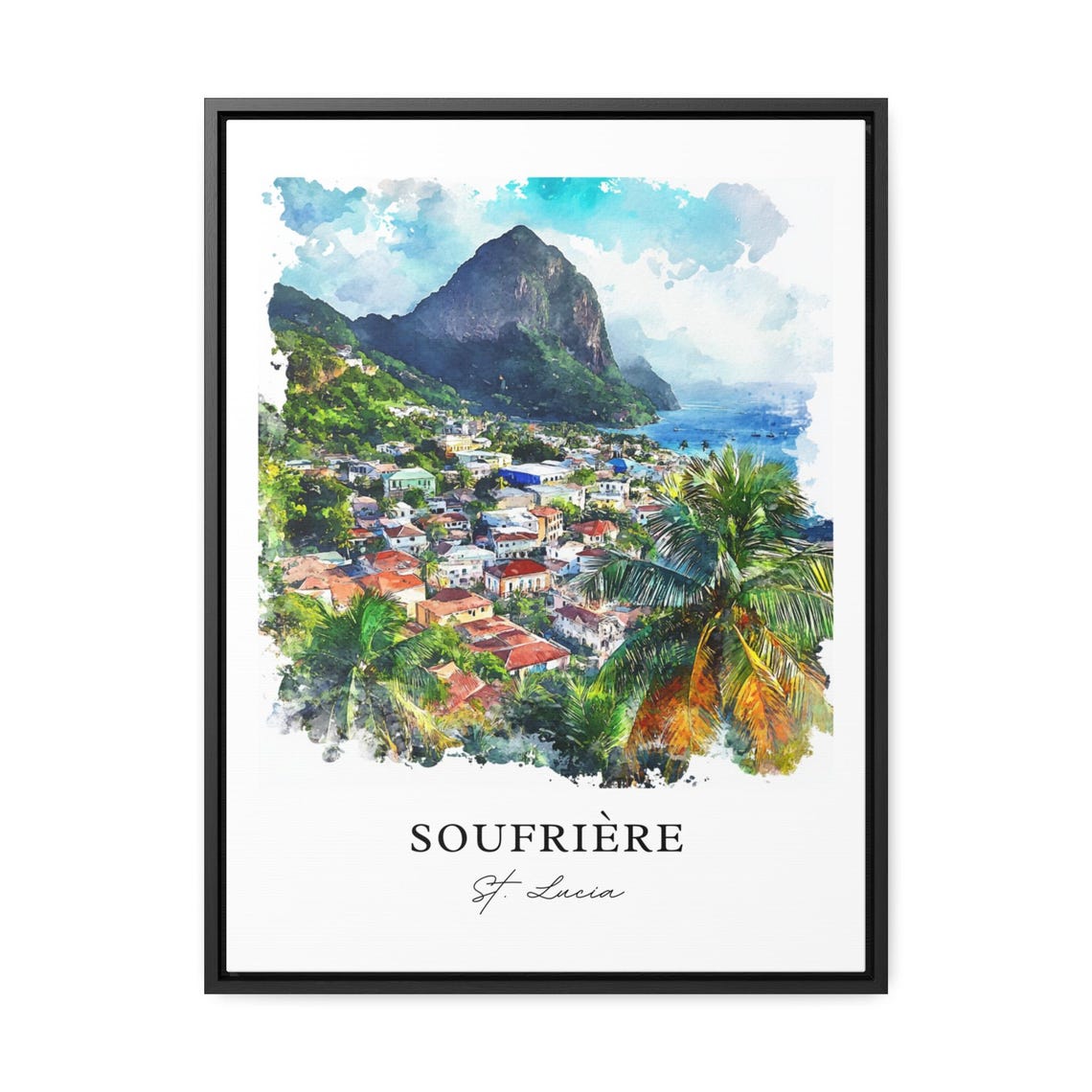 Soufriere Saint Lucia Watercolor Piton Peak Caribbean Town Palm Poster - Image 2
