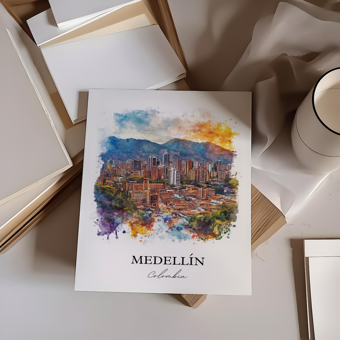 Medellin Colombia Watercolor City Towers Mountain Sunset Poster - Image 2