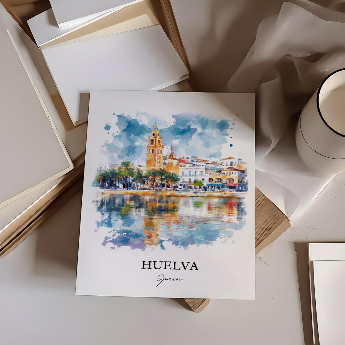 Huelva Spain Waterfront Palms Bell Tower Watercolor Travel Poster - Image 2