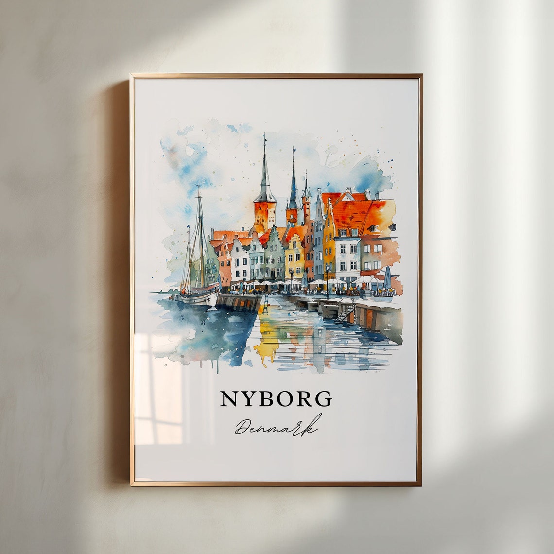 Nyborg Denmark Colorful Harbor Waterfront Watercolor Travel Poster
