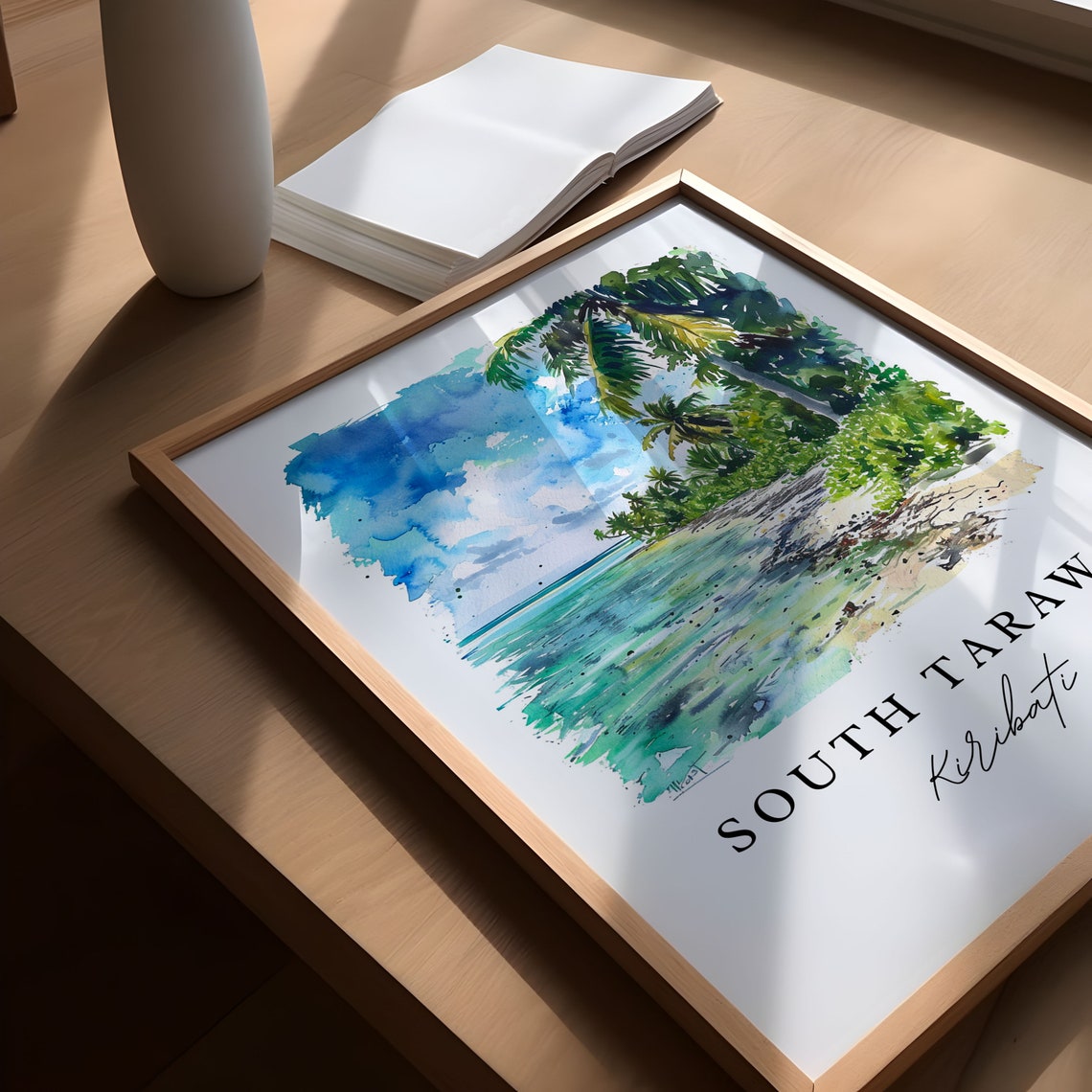 South Tarawa Kiribati Palm Beach Lagoon Watercolor Art Travel Poster - Image 6