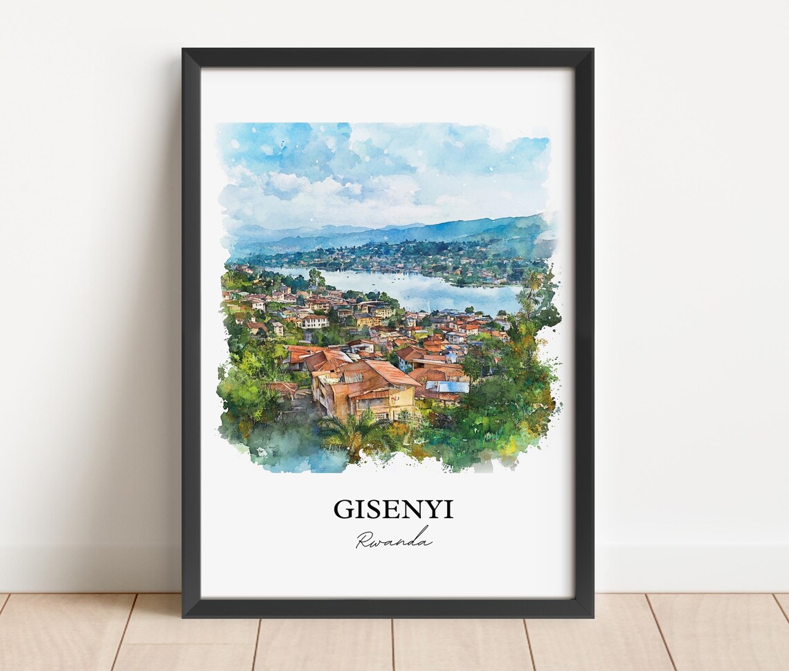 Gisenyi Rwanda African Watercolor Lakeside Hills Town Art Poster - Image 3