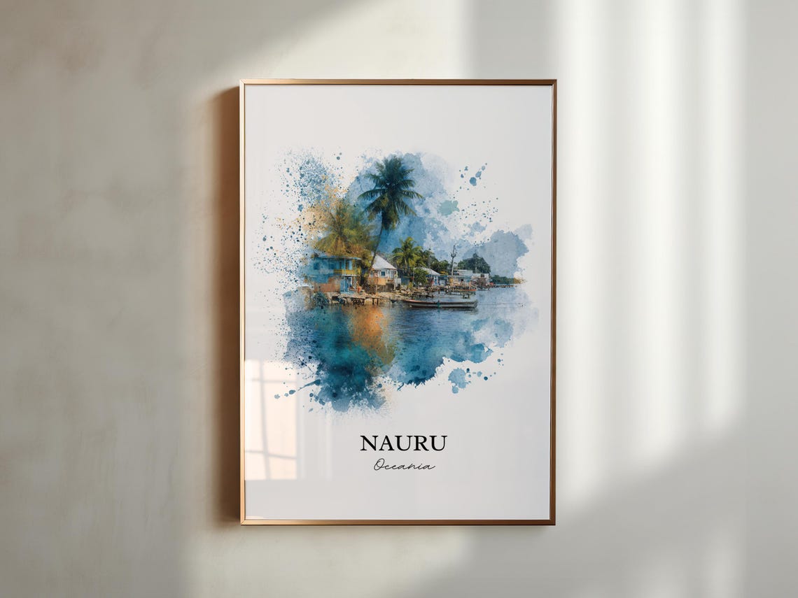 Nauru Oceania Palm Waterfront Boats Village Watercolor Travel Poster - Image 5
