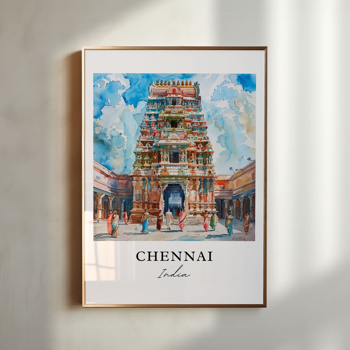 Chennai India Colorful Temple Gopuram Watercolor Travel Poster